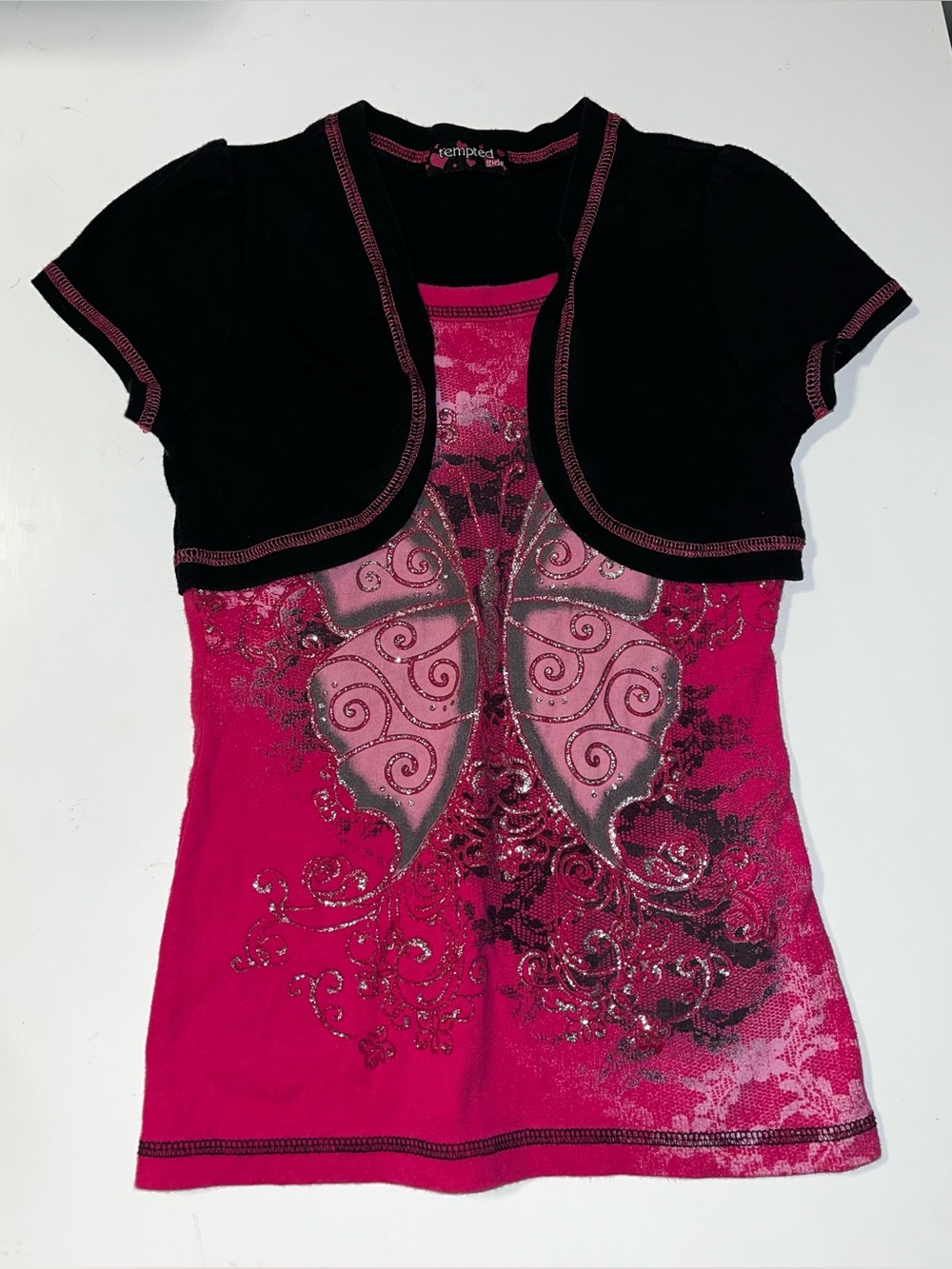 Vintage Y2K Tempted Girls Youth size Small Floral/Butterfly Sparkly Top
